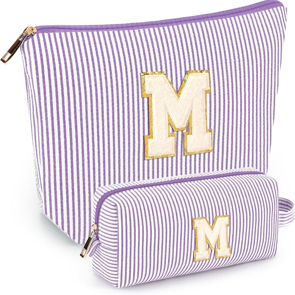 2 Letter M Makeup Bags Purple Stripe Great‎ Mothers Day Gift Idea !!